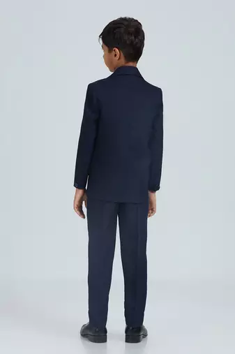 pleated suit set full sleeves blazer, shirt, pant and waist coat with bow tie - nblue