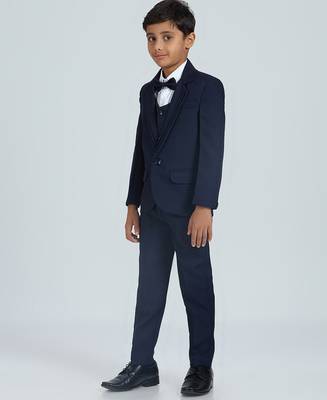 pleated suit set full sleeves blazer, shirt, pant and waist coat with bow tie - nblue 3