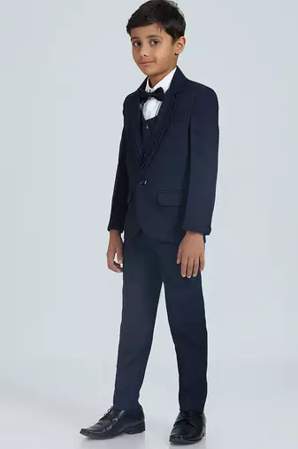 pleated suit set full sleeves blazer, shirt, pant and waist coat with bow tie - nblue