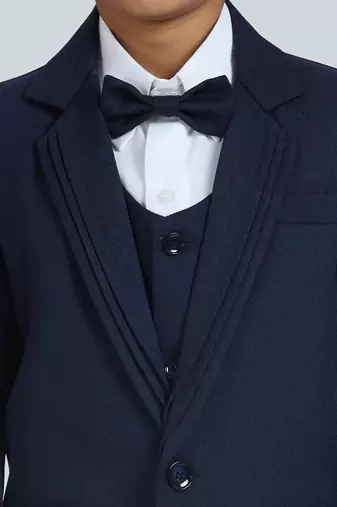 pleated suit set full sleeves blazer, shirt, pant and waist coat with bow tie - nblue