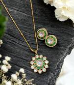Elegant kundan green floral pendant set with earrings traditional gold finish jewelry by treemoda