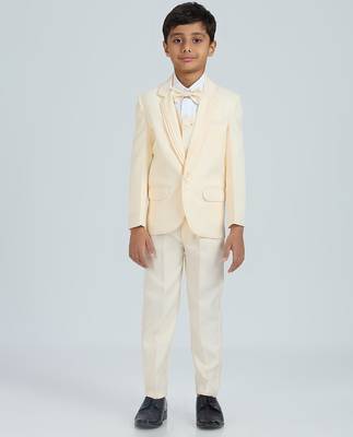 pleated suit set full sleeves blazer, shirt, pant and waist coat with bow tie - cream 1