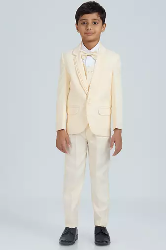 pleated suit set full sleeves blazer, shirt, pant and waist coat with bow tie - cream