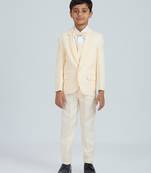 pleated suit set full sleeves blazer, shirt, pant and waist coat with bow tie - cream