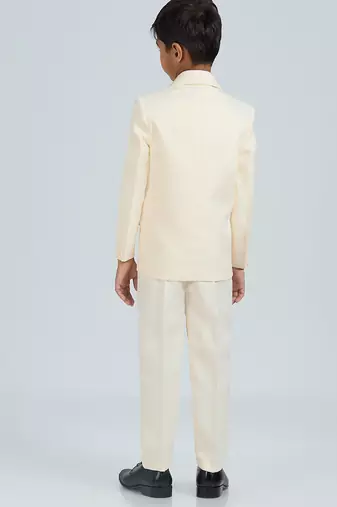 pleated suit set full sleeves blazer, shirt, pant and waist coat with bow tie - cream