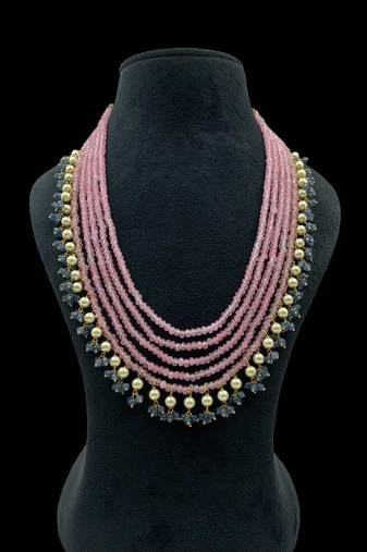 Multi-strand pink beaded necklace with pearls & blue crystal drops by treemoda