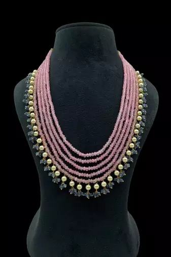 Multi-strand pink beaded necklace with pearls & blue crystal drops by treemoda