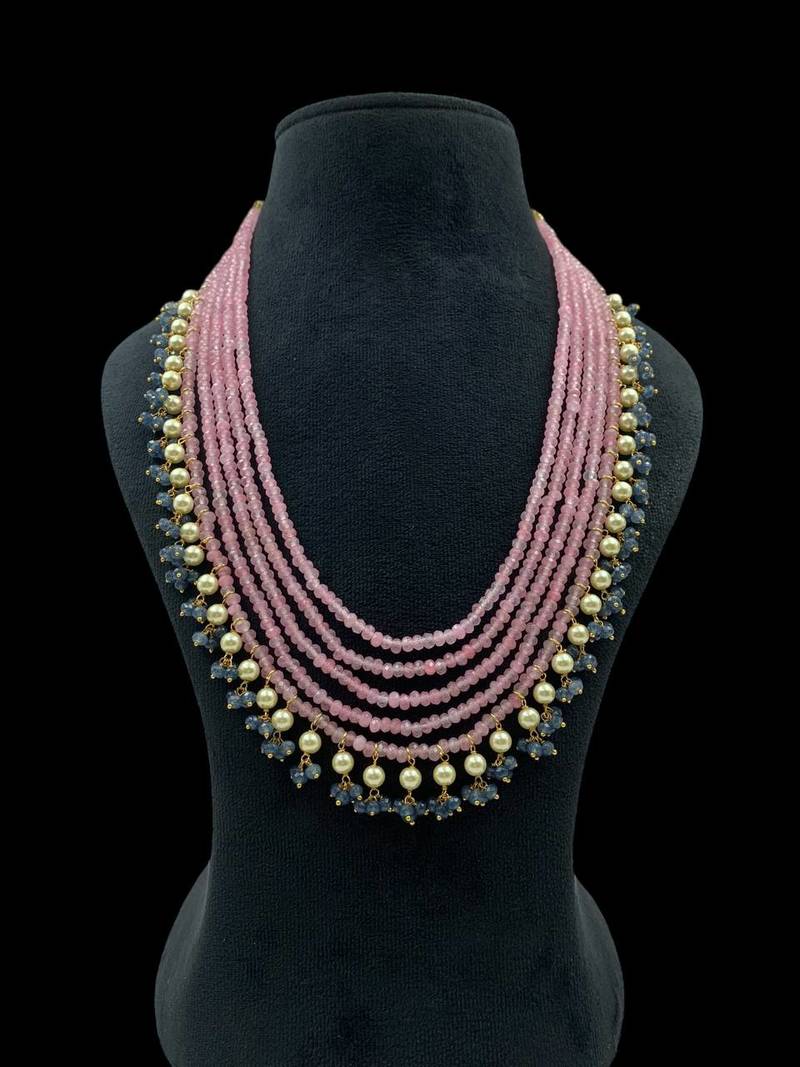 Multi-strand pink beaded necklace with pearls & blue crystal drops by treemoda