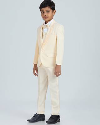 pleated suit set full sleeves blazer, shirt, pant and waist coat with bow tie - cream 3