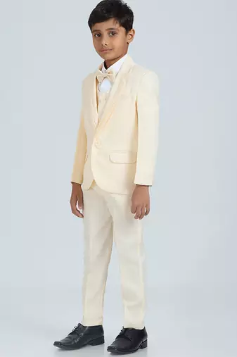 pleated suit set full sleeves blazer, shirt, pant and waist coat with bow tie - cream