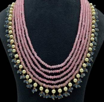 Multi-strand pink beaded necklace with pearls & blue crystal drops by treemoda 2