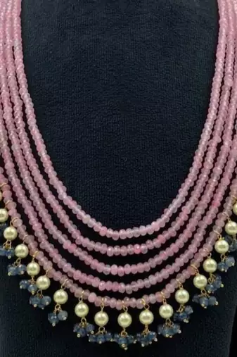 Multi-strand pink beaded necklace with pearls & blue crystal drops by treemoda