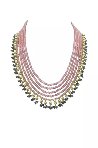 Multi-strand pink beaded necklace with pearls & blue crystal drops by treemoda