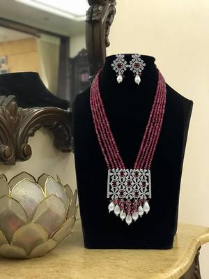 Royal ruby beaded necklace set with pearl drops and silver cz pendant by treemoda 1