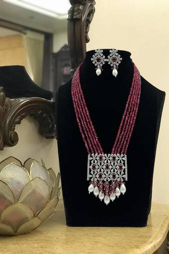 Royal ruby beaded necklace set with pearl drops and silver cz pendant by treemoda