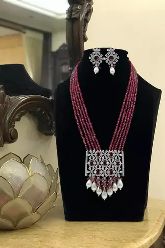 Royal ruby beaded necklace set with pearl drops and silver cz pendant by treemoda