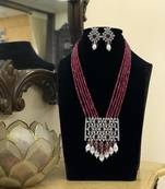 Royal ruby beaded necklace set with pearl drops and silver cz pendant by treemoda