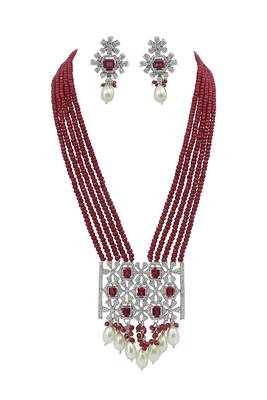 Royal ruby beaded necklace set with pearl drops and silver cz pendant by treemoda 2