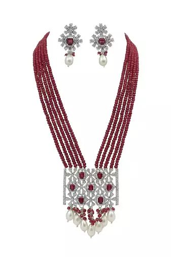 Royal ruby beaded necklace set with pearl drops and silver cz pendant by treemoda