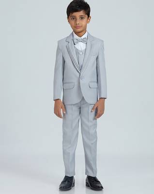 pleated collar suit set full sleeves blazer, shirt, pant and waist coat with bow tie - grey 1