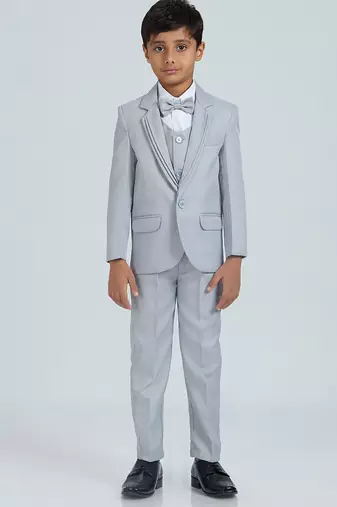 pleated collar suit set full sleeves blazer, shirt, pant and waist coat with bow tie - grey