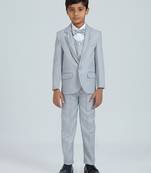 pleated collar suit set full sleeves blazer, shirt, pant and waist coat with bow tie - grey