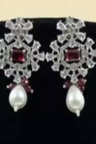 Royal ruby beaded necklace set with pearl drops and silver cz pendant by treemoda