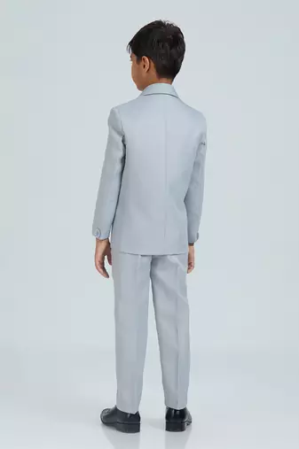 pleated collar suit set full sleeves blazer, shirt, pant and waist coat with bow tie - grey