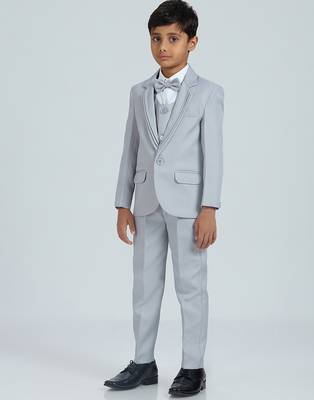 pleated collar suit set full sleeves blazer, shirt, pant and waist coat with bow tie - grey 3
