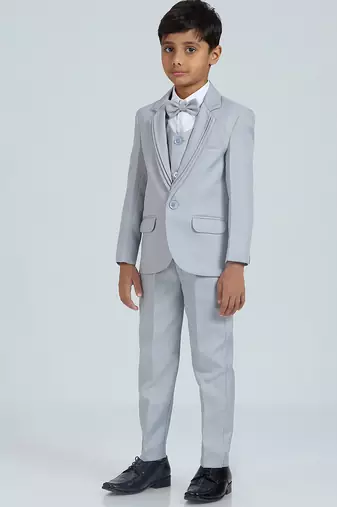 pleated collar suit set full sleeves blazer, shirt, pant and waist coat with bow tie - grey