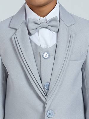 pleated collar suit set full sleeves blazer, shirt, pant and waist coat with bow tie - grey 4