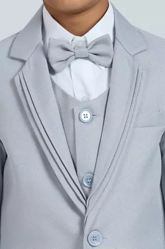 pleated collar suit set full sleeves blazer, shirt, pant and waist coat with bow tie - grey