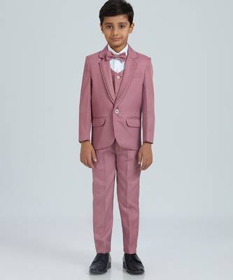 pleated suit set full sleeves blazer, shirt, pant and waist coat with bow tie - peach 1