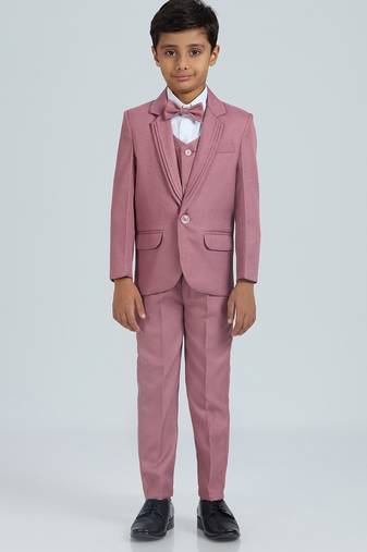 pleated suit set full sleeves blazer, shirt, pant and waist coat with bow tie - peach