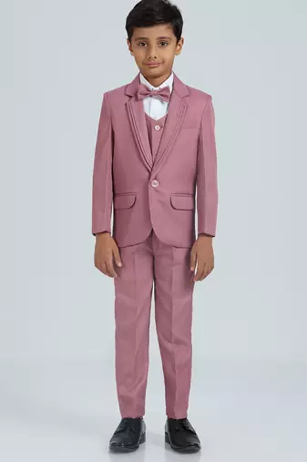 pleated suit set full sleeves blazer, shirt, pant and waist coat with bow tie - peach