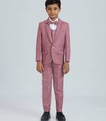 pleated suit set full sleeves blazer, shirt, pant and waist coat with bow tie - peach