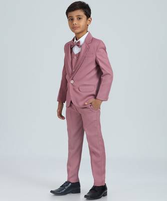 pleated suit set full sleeves blazer, shirt, pant and waist coat with bow tie - peach 3