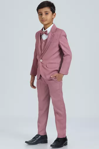 pleated suit set full sleeves blazer, shirt, pant and waist coat with bow tie - peach