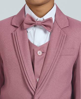 pleated suit set full sleeves blazer, shirt, pant and waist coat with bow tie - peach 4