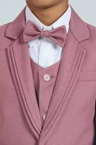 pleated suit set full sleeves blazer, shirt, pant and waist coat with bow tie - peach