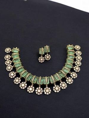 Majestic mint green & diamond floral choker necklace set 1