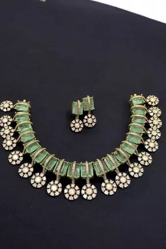 Majestic mint green & diamond floral choker necklace set by treemoda