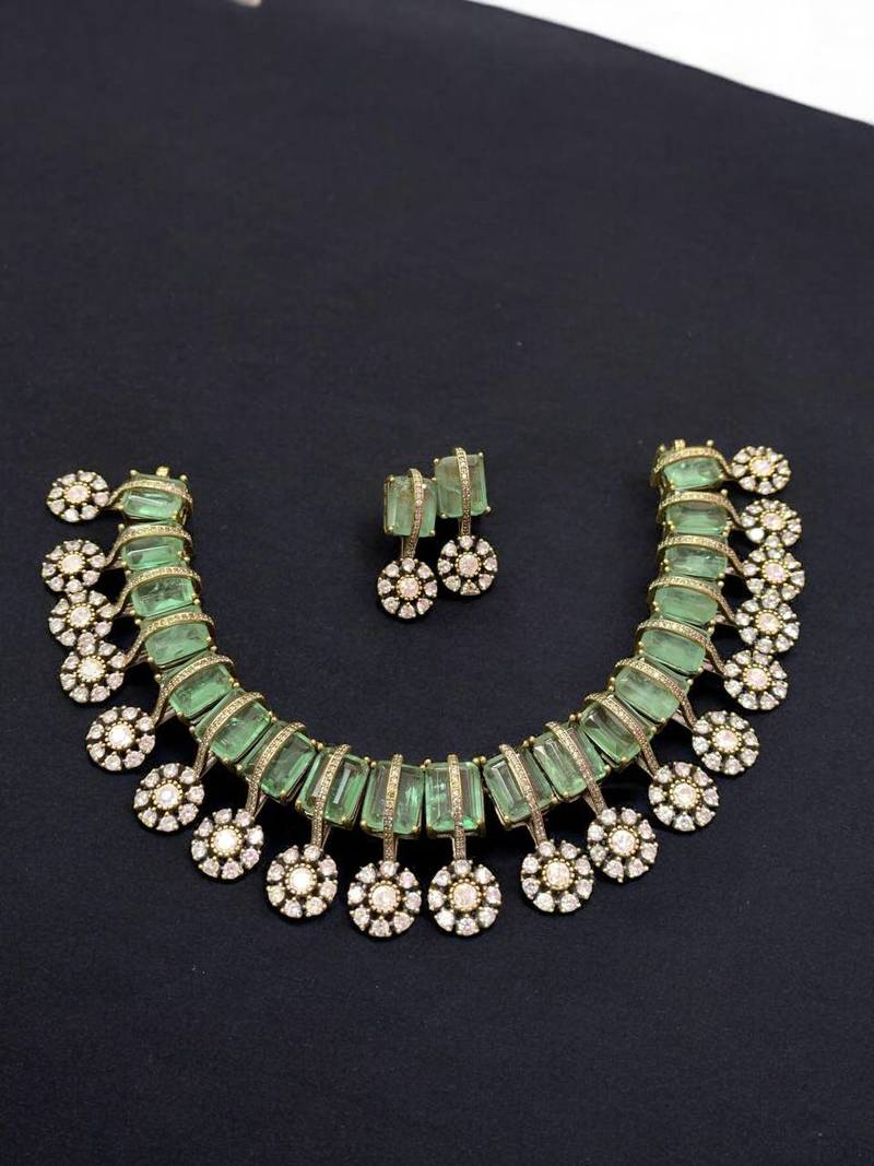 Majestic mint green & diamond floral choker necklace set by treemoda