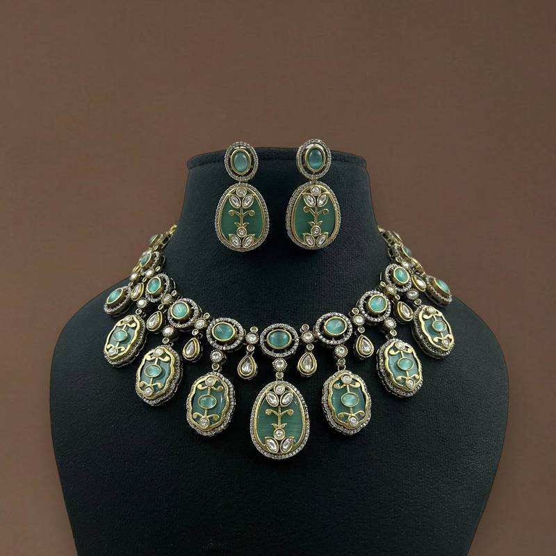 Antique green meenakari necklace set with kundan work handcrafted ethnic jewelry by treemoda