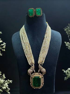 Majestic emerald & elephant motif long necklace set jewelry 1