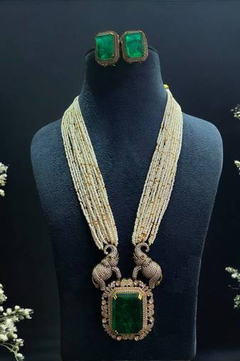 Majestic emerald & elephant motif long necklace set jewelry by treemoda