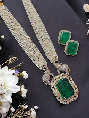 Majestic emerald & elephant motif long necklace set jewelry 2
