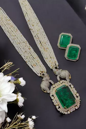 Majestic emerald & elephant motif long necklace set jewelry