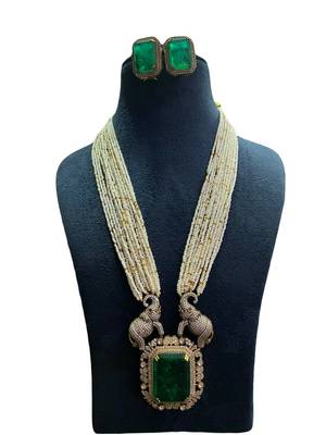 Majestic emerald & elephant motif long necklace set jewelry 3
