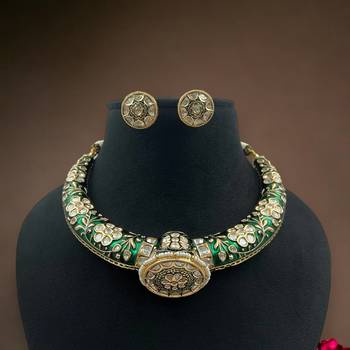 Elegant golden polish traditional meenakari kundan jadau polki hasli, necklace with earrings set jewelry 1